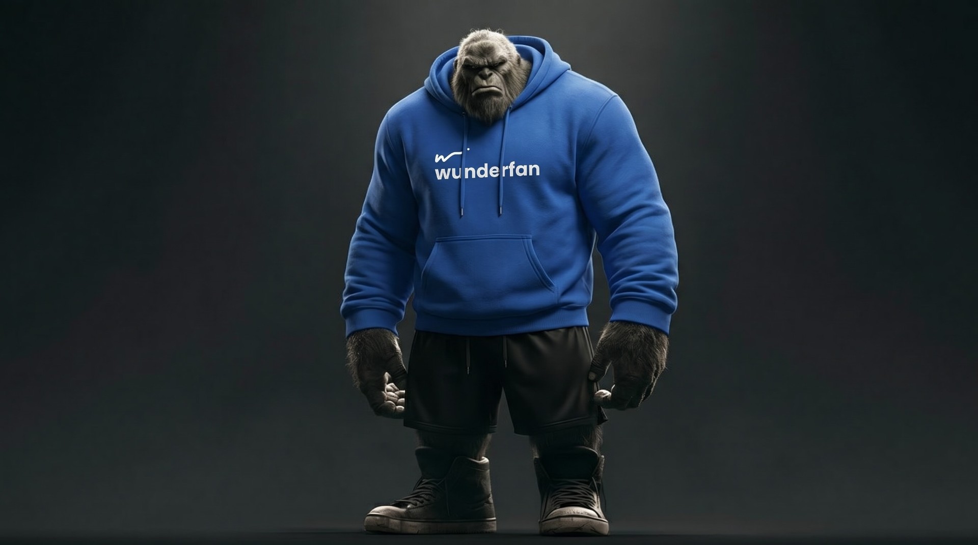 Bud, a giant grizzled gorilla in a blue Wunderfan hoodie, lit by a single spotlight against deep shadow